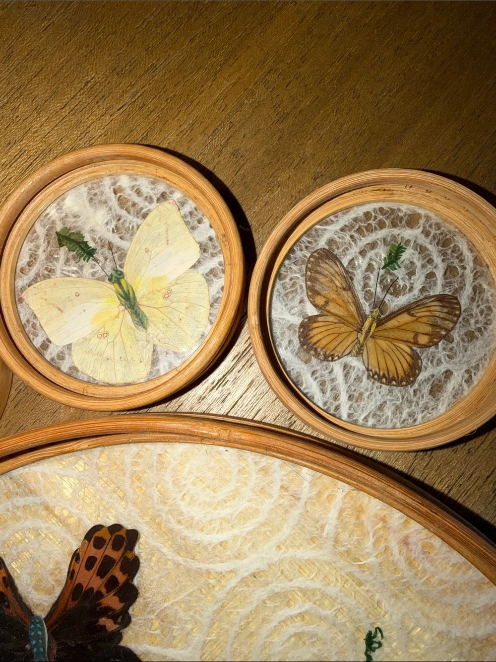 Vintage 70’s Bamboo-Wicker Framed Butterfly/Ferns Serving Tray/ Coasters